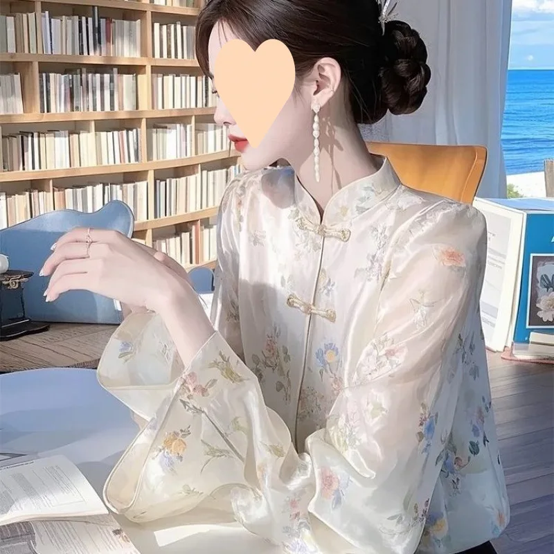 

New Chinese national style white floral shirt women's 2025 early spring new retro button-up top Tang suit sun-drying shirt