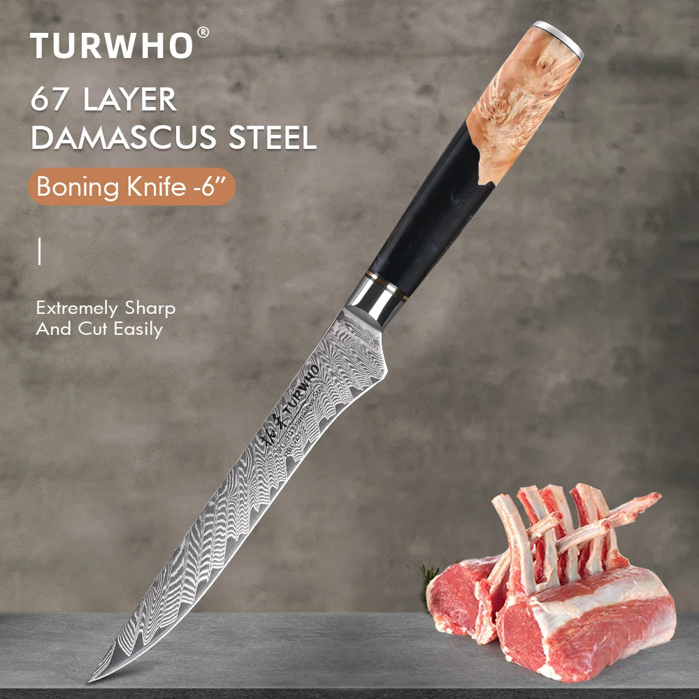 

TURWHO 6-inch Boning Knife Japanese Damascus Steel Butcher Knife Chef Kitchen Knives Slicing Ham Filleting Utility Cooking Tools