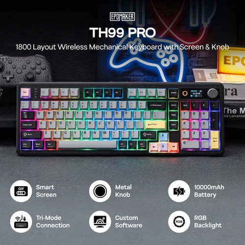 Imagen 2 del producto EPOMAKER TH99 PRO 96% ANSI US Layout Teclado mecánico inalámbrico para jugar con cable/BT/2,4 Ghz montado en junta con pantalla y perilla