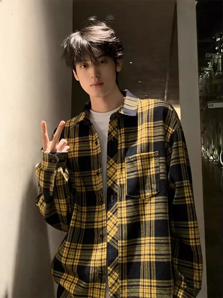 

Желтая клетчатая мужская рубашка с длинным рукавом в гонконгском стиле, осенне-зимняя, модная, в стиле High Street, верхняя одежда премиум-класса