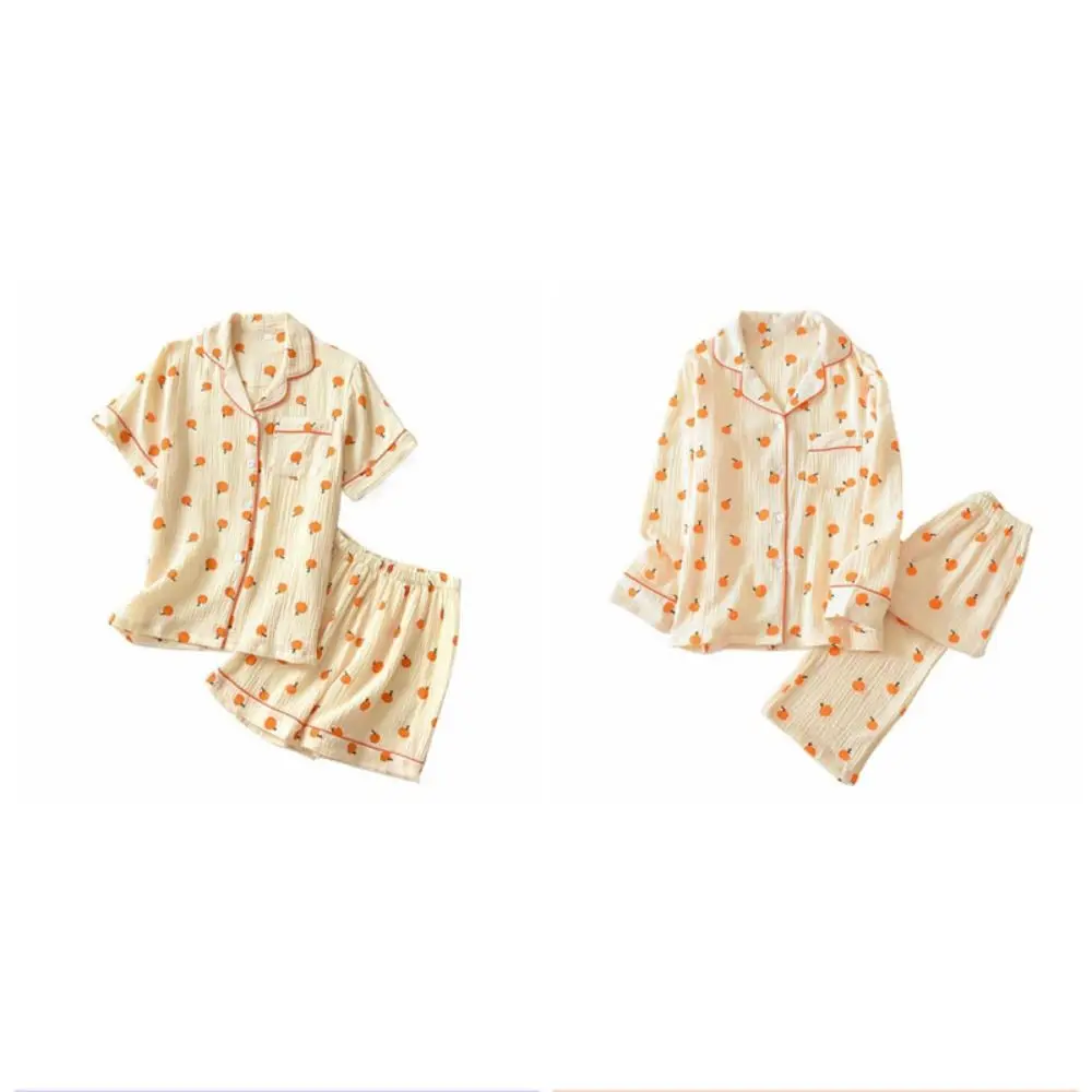 Comfortable V-neck Fruits Pajamas Suit Sweet Loose Two Piece Nightwear Short-sleeves Homewear Orange Nightdress Set Short Style image 6