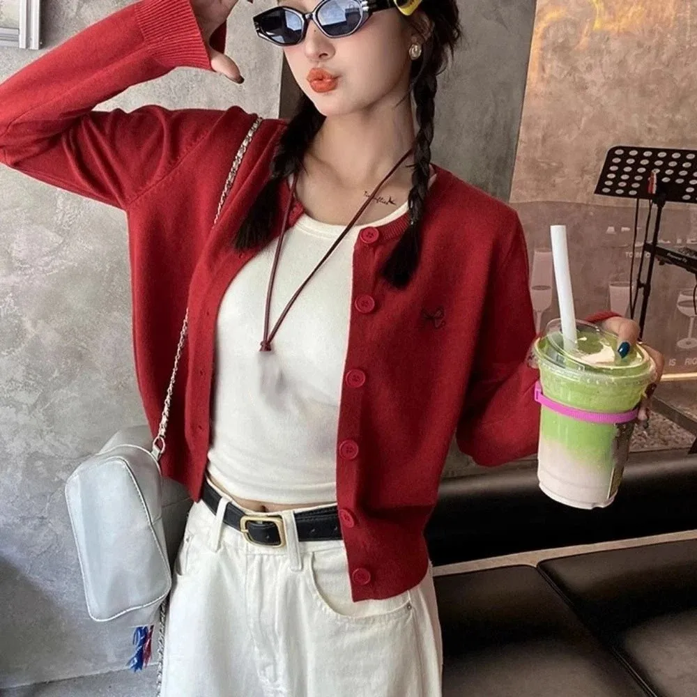 

Autumn Solid Bowknot Crochet Sweaters Long Sleeve Loose Cardigans Women Y2K Preppy Style Ladies Tops Sweet Knitwear Female