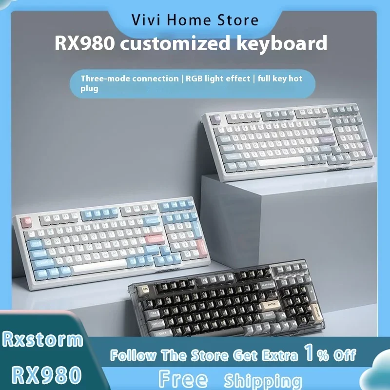 

Rxstorm Rx980 Mechanical Keyboard Customized Three Mode Wired/Wireless/Bluetooth Hot Plug RGB PBT Keycap Game Office Keyboard