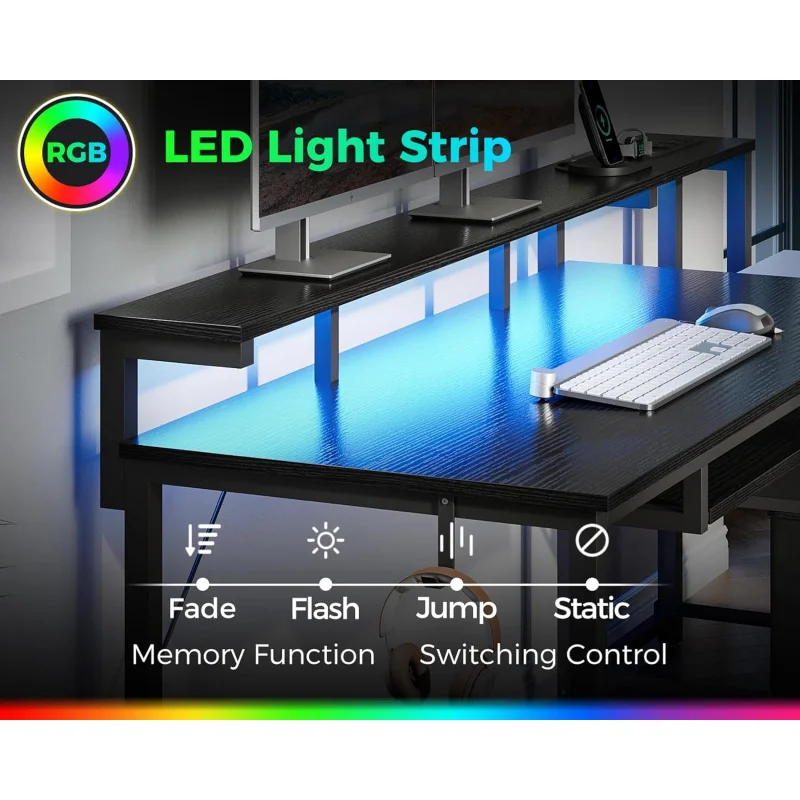 48-Inch Gaming Desk with Power Outlets & LED Light, Reversible PC Desk with Fabric Drawer and File Cabinet, Computer Desk with K