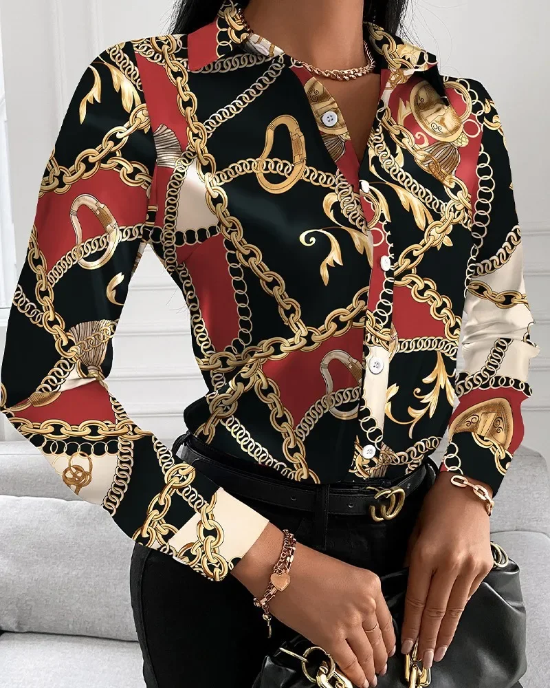 Autumn loose sleeved V-neck button printed shirt shirt for women versatile and fashionable showcasing a relaxed temperament