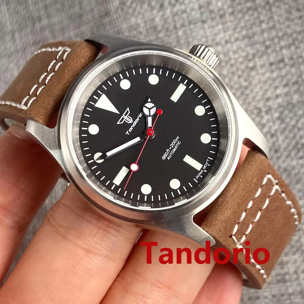 Tandorio 36mm 20ATM Black Dial Red Hand Sapphire Glass NH35A PT5000 Auto Pilot Aviator Diver Men Watch Leather Luminous