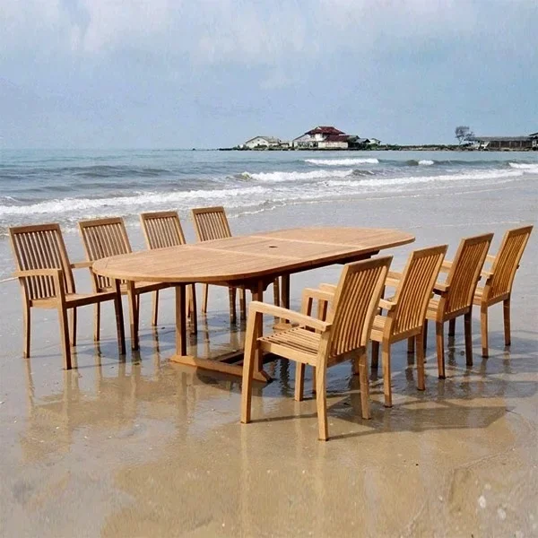 Modern hotel outdoor furniture garden furniture set Teak wood Garden Set Six Stackable Chair and Oval Extension Table