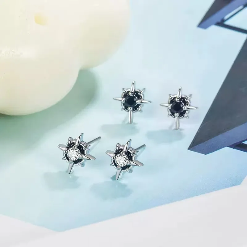 Newly Designed Hip-Hop Punk Style Cosmic Star Starlight Black Antique Silver Zircon Couple Stud Earrings