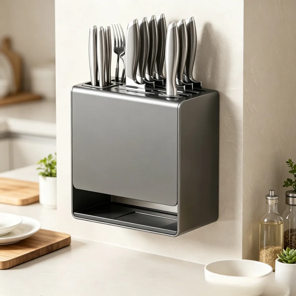 All-in-one Gray Knife Chopstick Holder Kitchen Storage Rack Dual Use Wall & Tabletop Mount