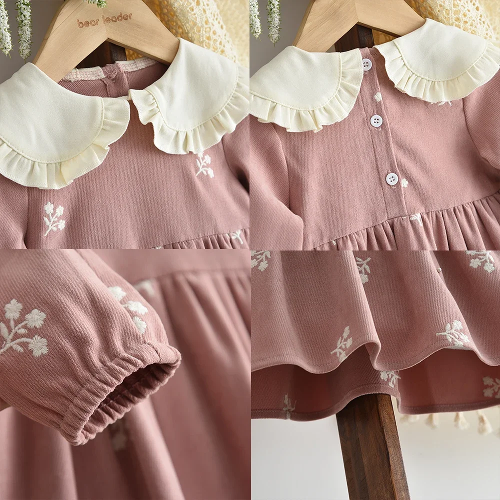 Braunes Schleifenkleid mit langen Ärmeln für Babymädchen, Herbstmode, neue Partykleider für Mädchen, niedlicher Puppenkragen, Freizeitkleidung – Detail 16