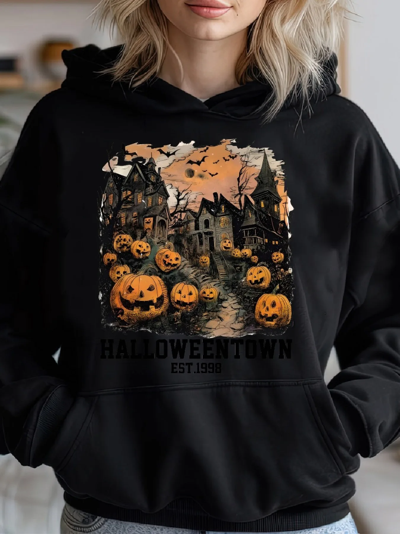 

Halloweentown Est 1998 Retro Graphic Print Autumn and Winter Cotton Hoodie for Men and Women Casual Outdoor Street Sports