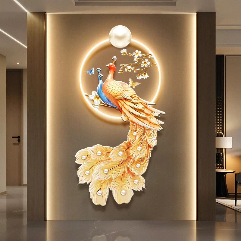 xx-Peacock Opening Screen Foyer Decoration Painting Light Luxury Entrance Door Luminous Wall Home Accessories Night Led Room