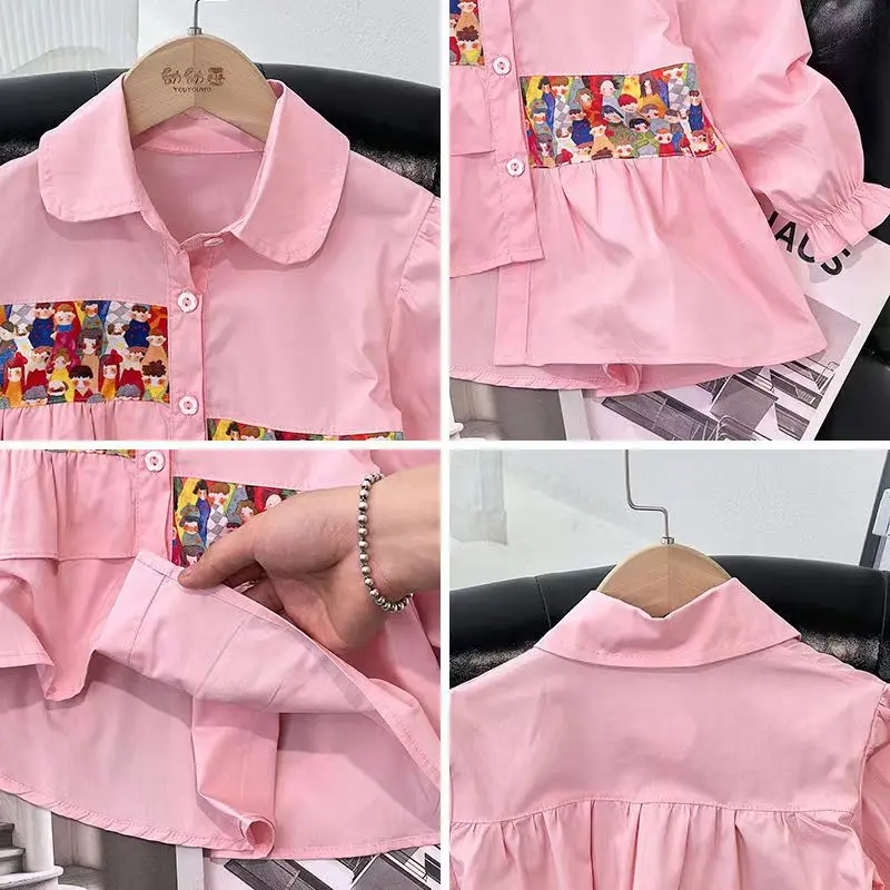 Kids Girls Baby Shirt 2023 New Children\'s Spring and Autumn Wear Spliced Long sleeved Top Outerwear Autumn Versatile Shirt