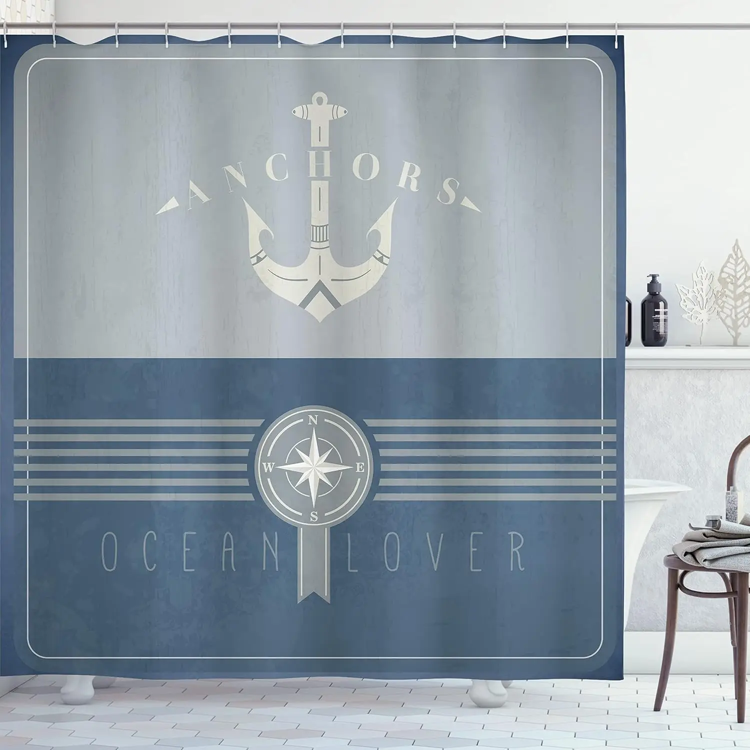 

Занавеска для душа с морским компасом и якорем, 72x72 дюйма, сине-белый дизайн в морской тематике, декор для ванной комнаты