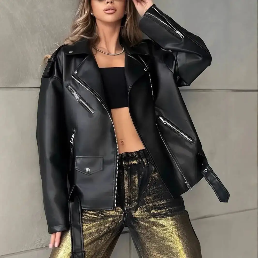 Women's PU Jacket Retro Motorcycle Riding Clothes BF Style Ladies' Leather Coat Spring Summer Loose Fit Zipper Closure