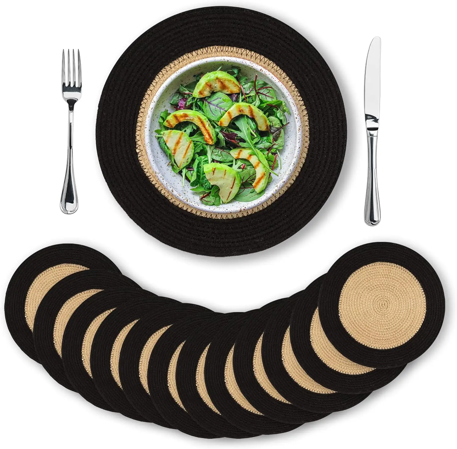 

Набор из 12 круглых салфеток из джута ручной работы, натуральный бежевый с черной оправой, 13-дюймовые коврики для обеденного стола в деревенском стиле для фермерского дома