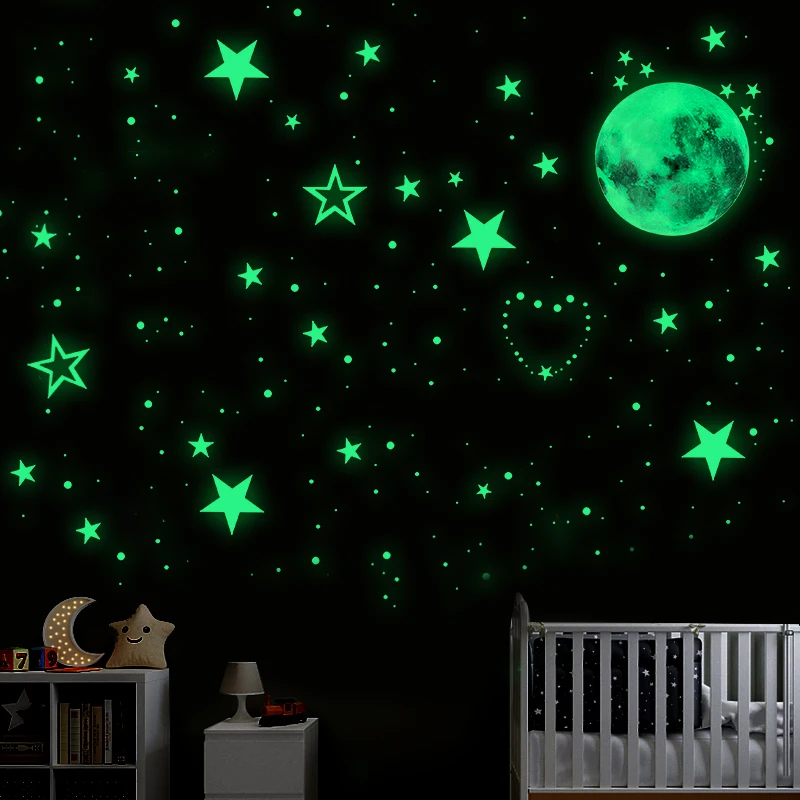 5Sheet Luminous Moon Stars Wall Stickers Glow In The Dark Self-adhesive Wall Decal Bedroom Ceiling Home Kids Room Stickers Decor