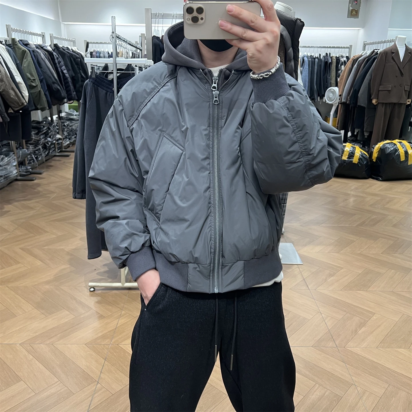 

High Quali Outdoor Men's down Jaet with Hood White Du Feather Loose Fit Double Zipper Warm Sli Poly Fiber Coat