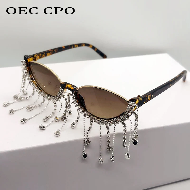 OEC CPO New Half Frame Rhinestone Sunglasses Women Fashion Diamond Tassels Shades UV400 Sun Glasses Female Eyewear Gafas De Sol