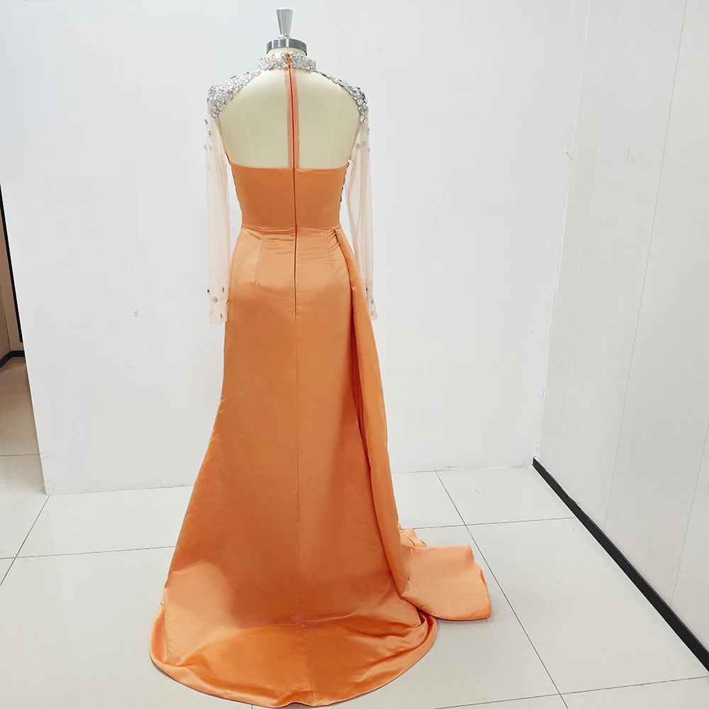 Elegante Party Kristall Orange Abendkleider handgemachte Schneider Langarm Sweep Zug Kleider für besondere Anlässe Vestidos