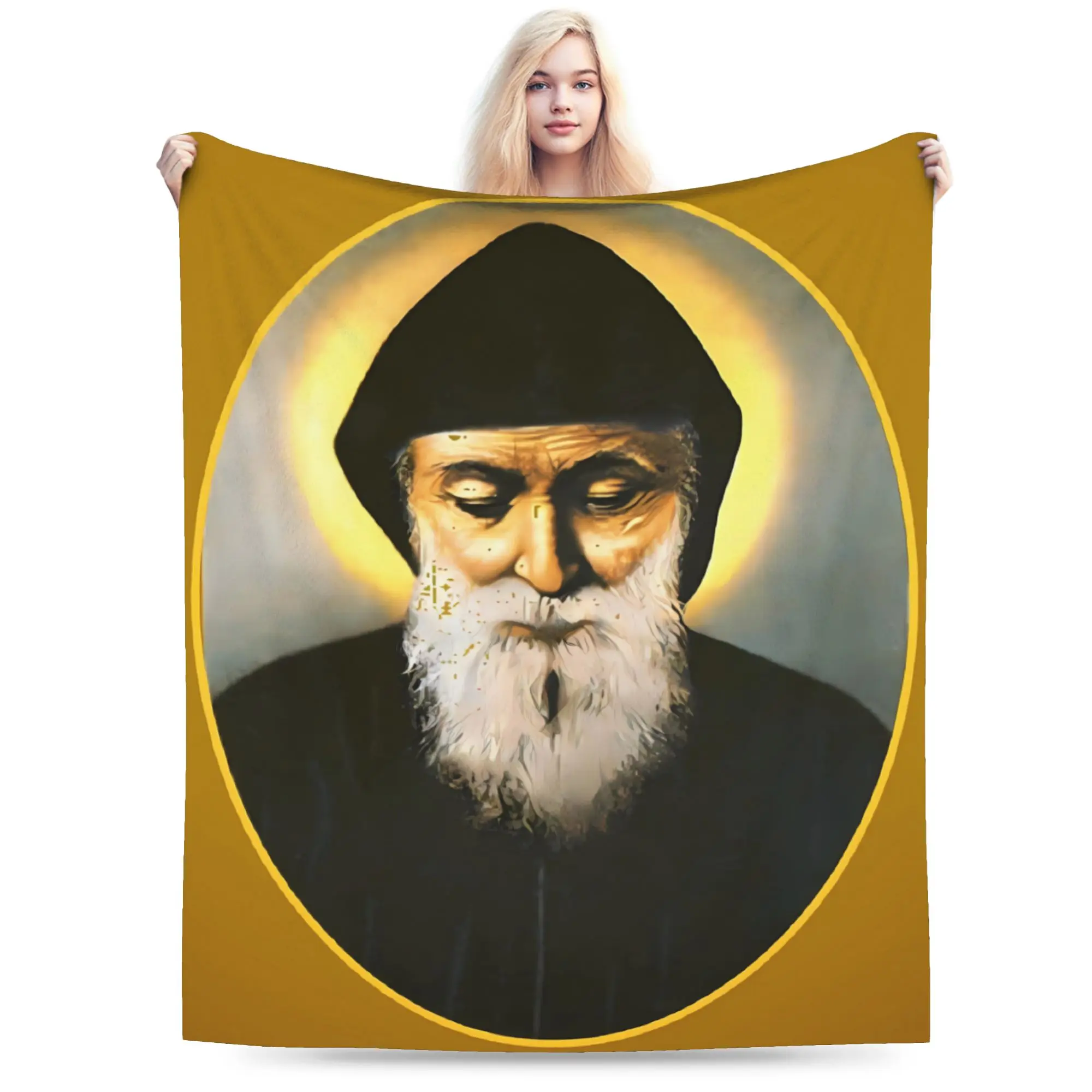 Gracious Saint Charbel Blessing Portrait Warm Blanket  Travel Office Plush Throw Blanket Couch Chair Flannel Bedspread Sofa Bed