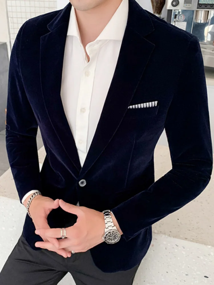 Men Notched‑Lapel Single‑Button Solid‑Color Mature Light‑Business Velvet Casual Blazer