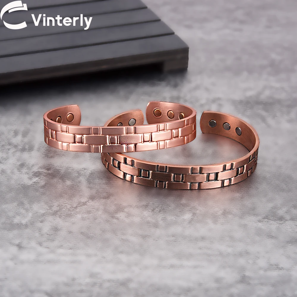 

Vinterly Cross Pure Copper Bracelets Men Magnetic Therapy Vintage 13mm Adjustable Cuff Health Energy Jewelry Benefits Arthritis