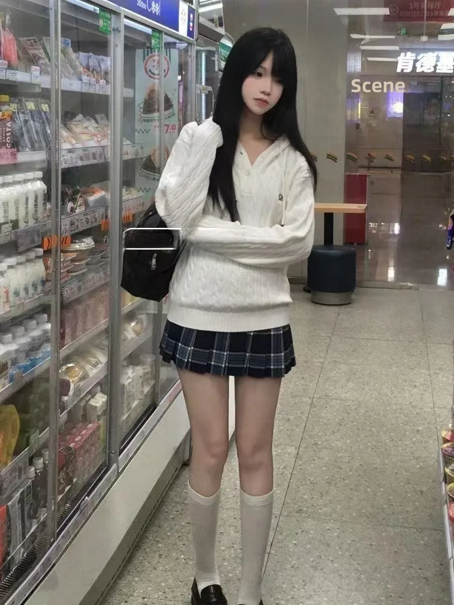 

Autumn Winter Japanese Sle JK Student orm Knitted Hat Sweater Skirt Set Women's College Sle Faion Ensemble