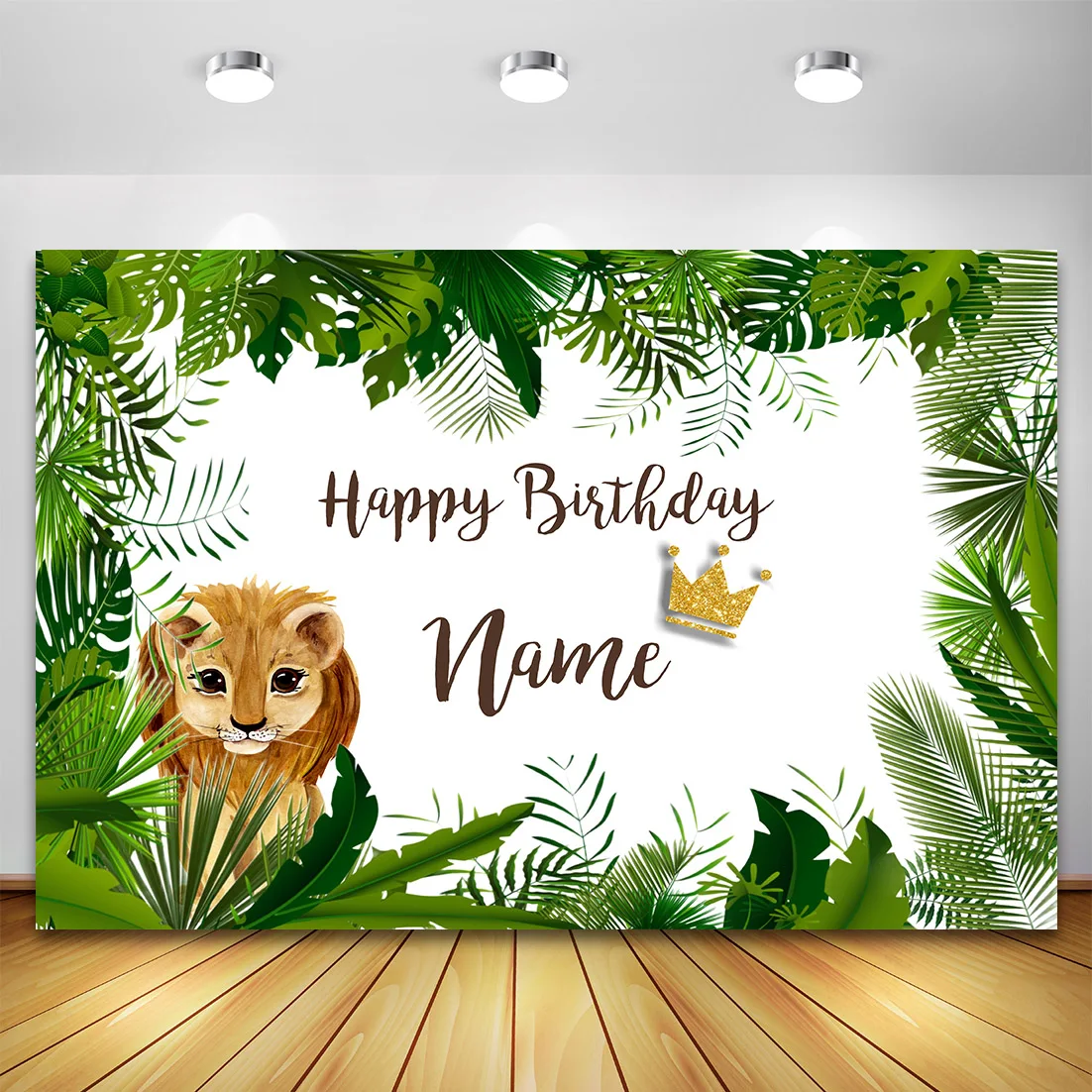 Fondo de fiesta de cumpleaños de animales de Safari, pancarta de hojas tropicales, León, nombre personalizado, fiesta en la jungla, niño, bebé salvaje, uno Bday