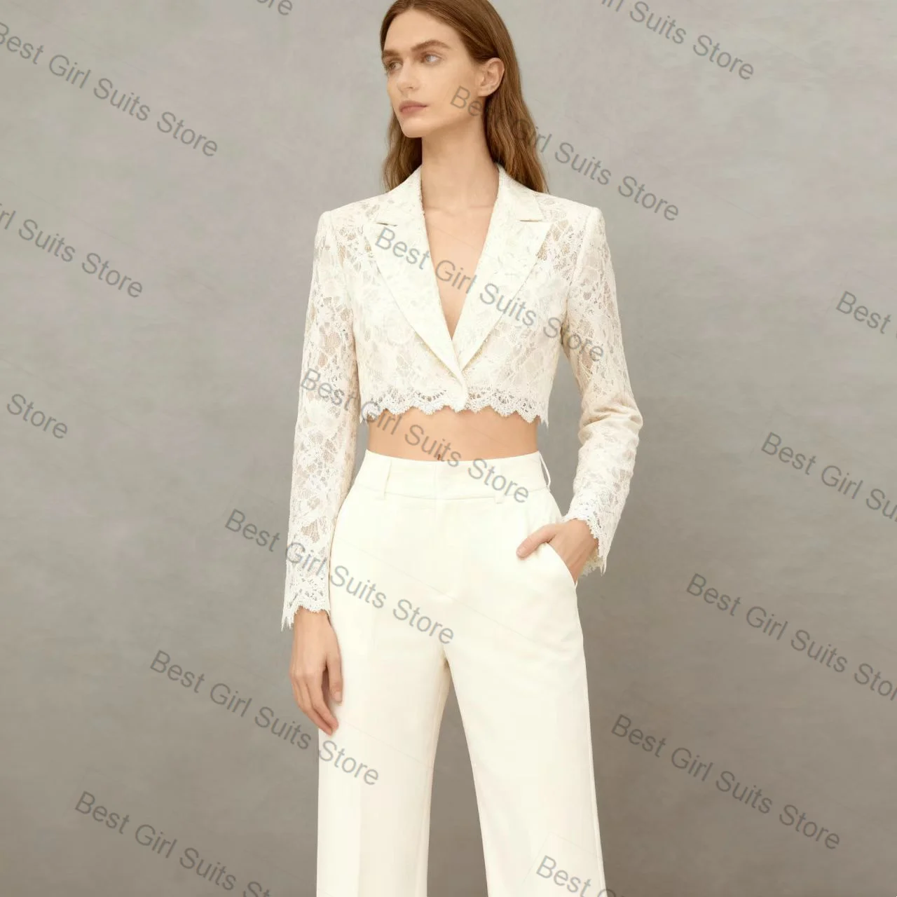 

White Lace Women Suit Set 2 Piece Short Blazer+Pants Trousers Cotton Formal Business Office Lady Jacket Customized Wedding Coat
