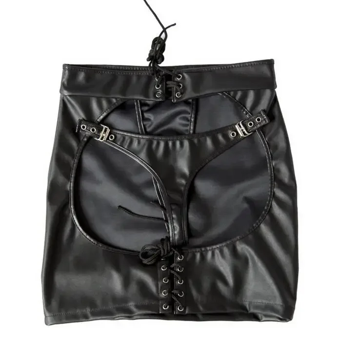 S-XXL Female Open Hip Buttock Exposing Bondage Skirt Wetlook Faux Leather Spanking Skirt Tight Fit Fetish Club Erotic Skirt