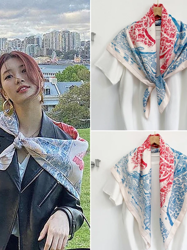 Chunyi Junma City Silk Scarf Women's Spring Autumn Thin 90 Large Size Sunscreen Headscarf Floral Print Decorative Small Tube Top
