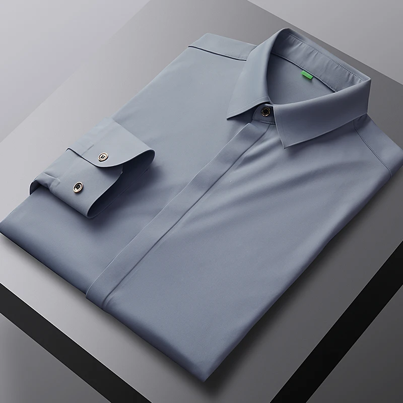 New Men'S Seamless Laminated Casual Long Sleeved Shirt Fashionable And Versatile Loose And High-Quality Solid Color Base Top