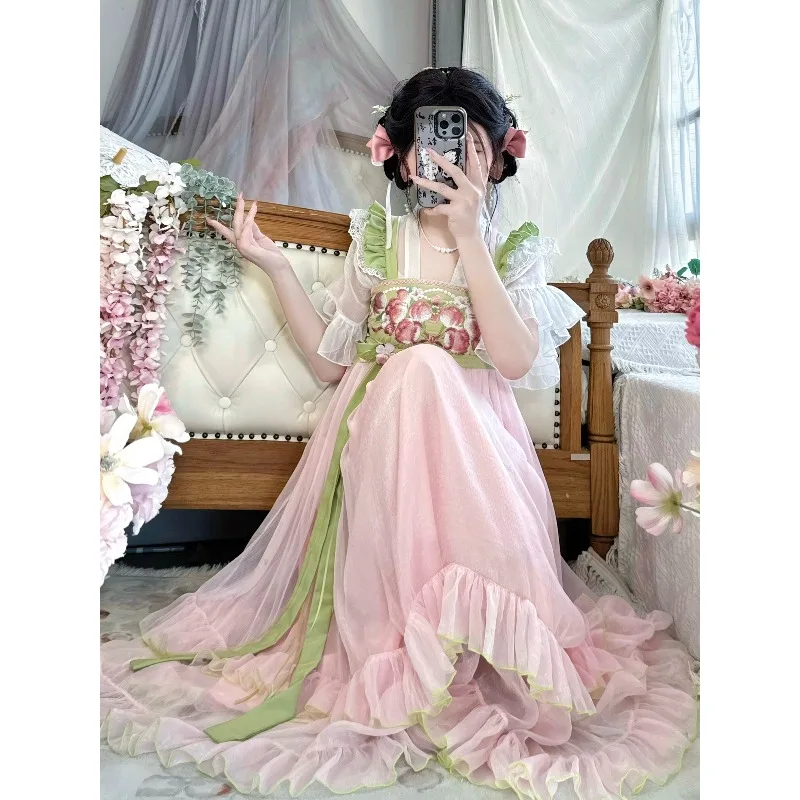 Embroidery Chest High Han Elements Dress Set Women Chiffon Maxi Dress Summer Daily Chinese Outfit