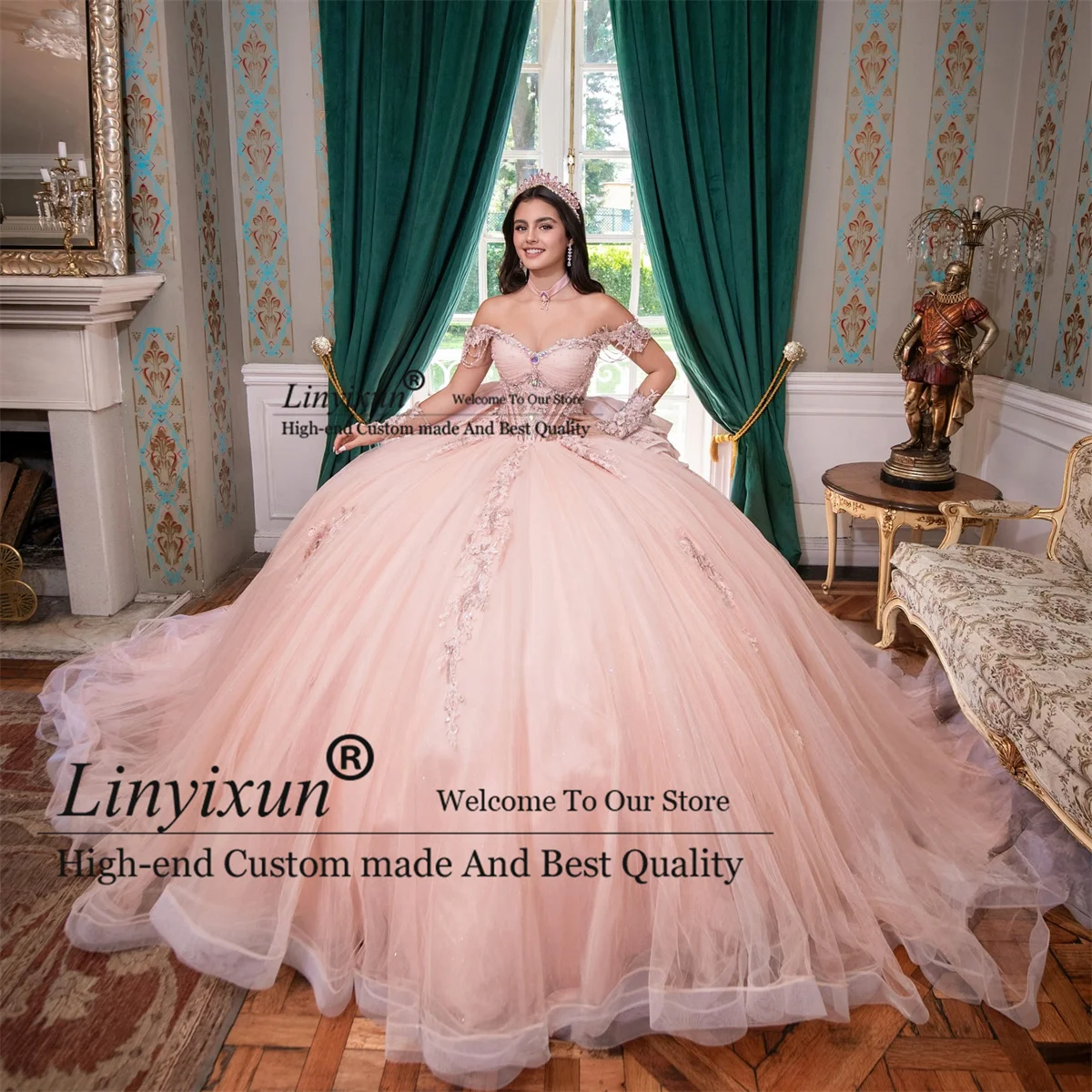 Abito da ballo con spalle scoperte Abiti Quinceanera Appliues Pizzo Paillettes Abiti da 15 Anos Vintage Dolce Compleanno 16 Abito Personalizzato