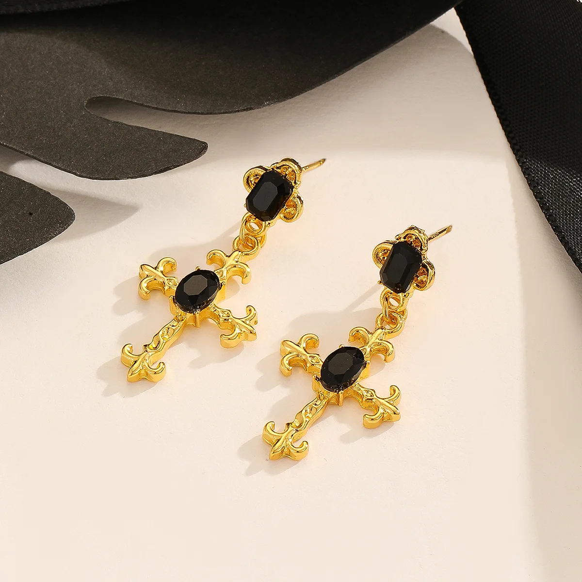 Gothic Large Detailed Cross Black Drill Jewel Earrings Punk Halloween Jewellery Creativity Fashion Gorgeous Statement Women Gift