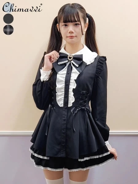 Traje SC de estilo japonés para mujer, conjunto de dos piezas con vendaje de lazo, vestido de encaje ajustado, pantalones cortos, Lolita