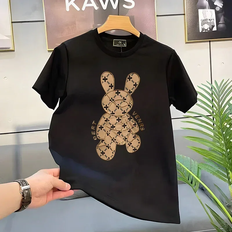 Summer Men\'s and Women\'s Breathable 100% Cotton Loose T-shirt with Bear Pattern Street Clothing Round Neck Plus Size Top