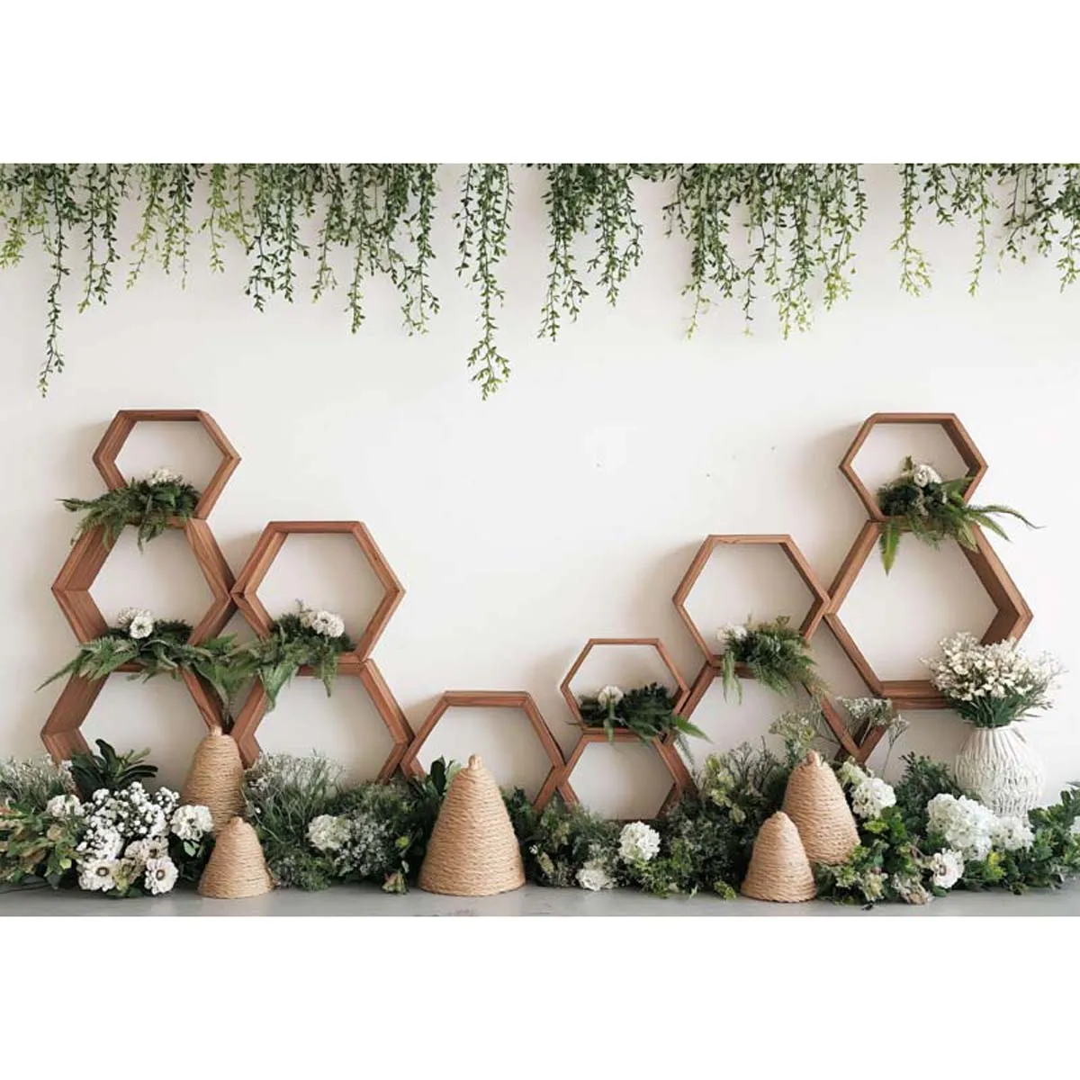 Allenjoy Wood Hexagon White Flowers Backdrop