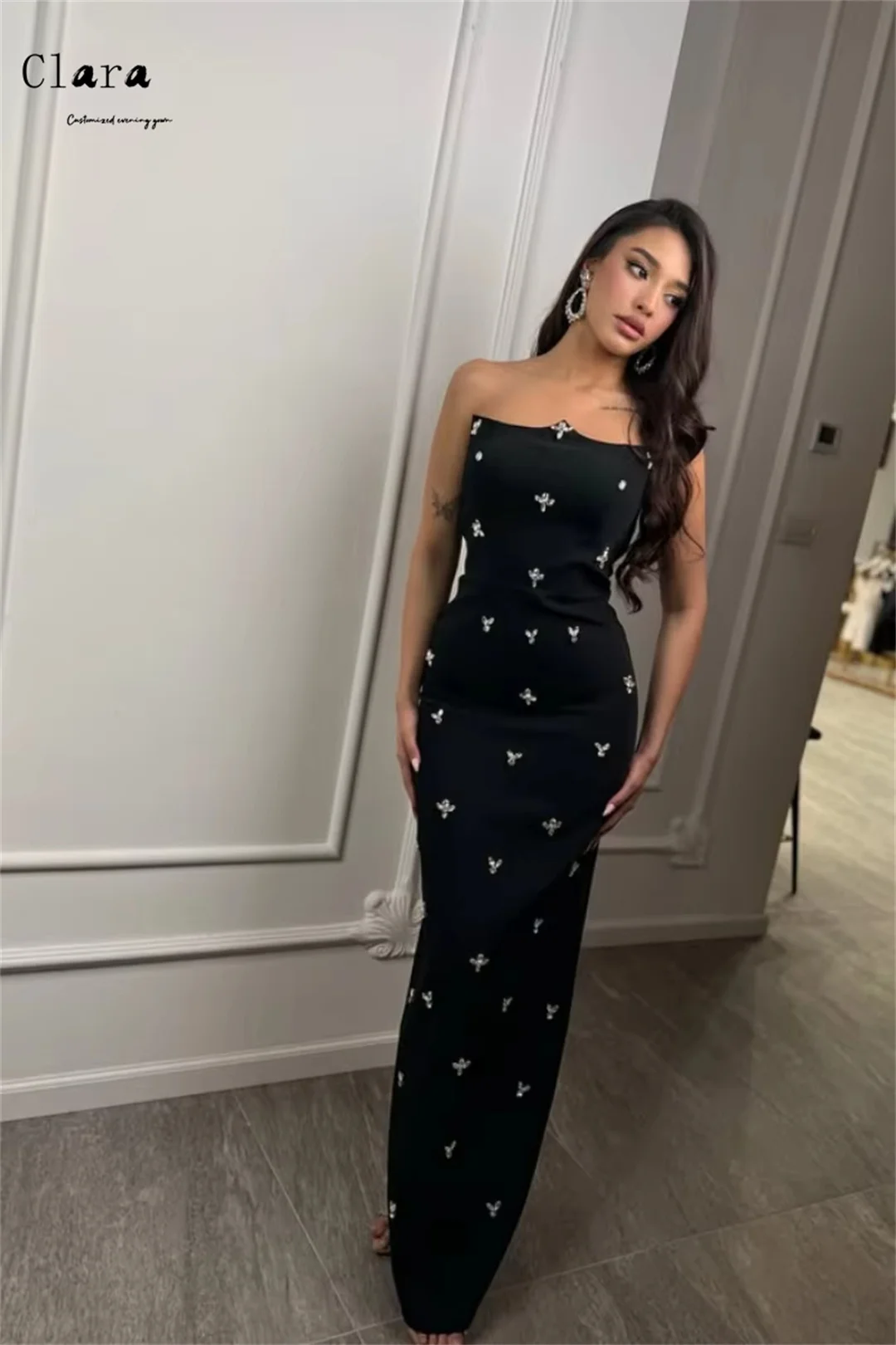 Clara Custom Schwarz Glänzend Schatz Strass Elegante Kleider 2025, Frau Luxus frauen Abendkleider Ballkleid Kleid Party