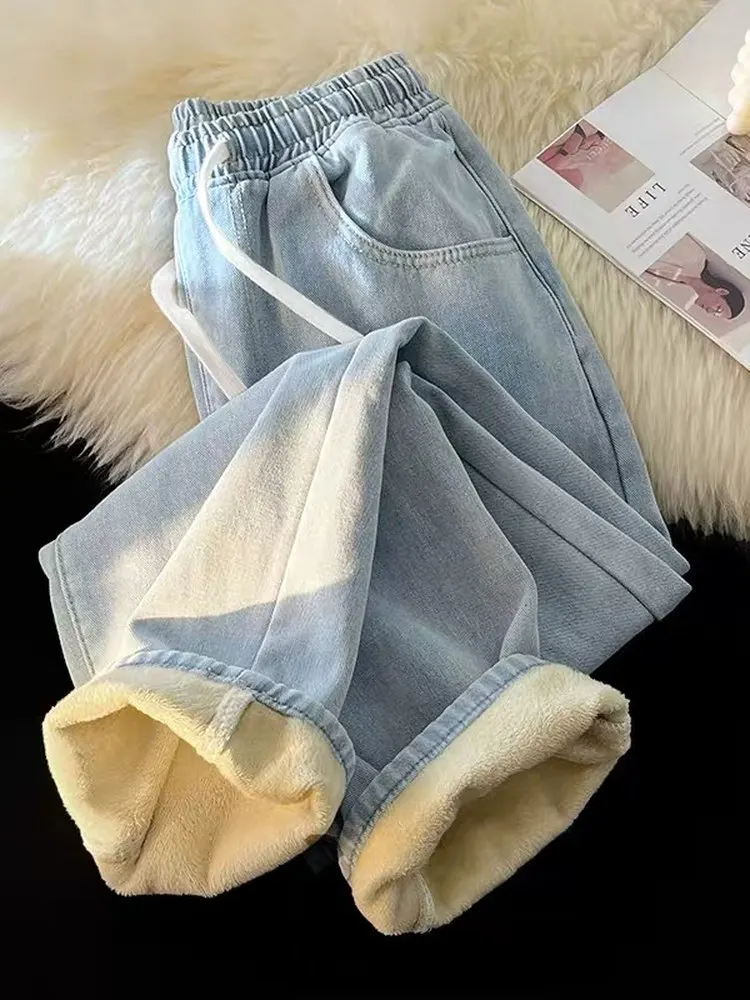 

High Waist Fce Lined Wide Leg Jeans Casual Loose Denim Pants for Girls Winter Warm Trousers Student Daily Wear