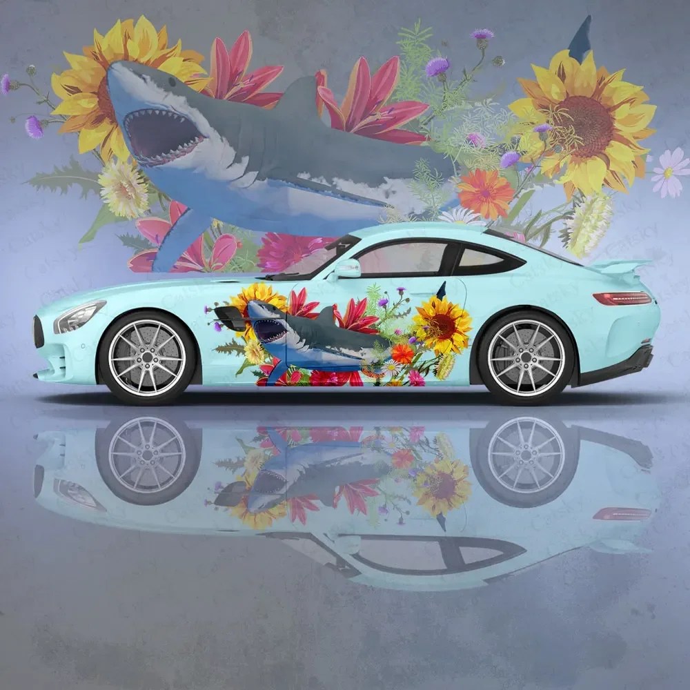 Shark and Flower Car Body Sticker Itasha Vinyl Car Side Decal Body Stickers Auto Decoration sticker Automobile Protective Film