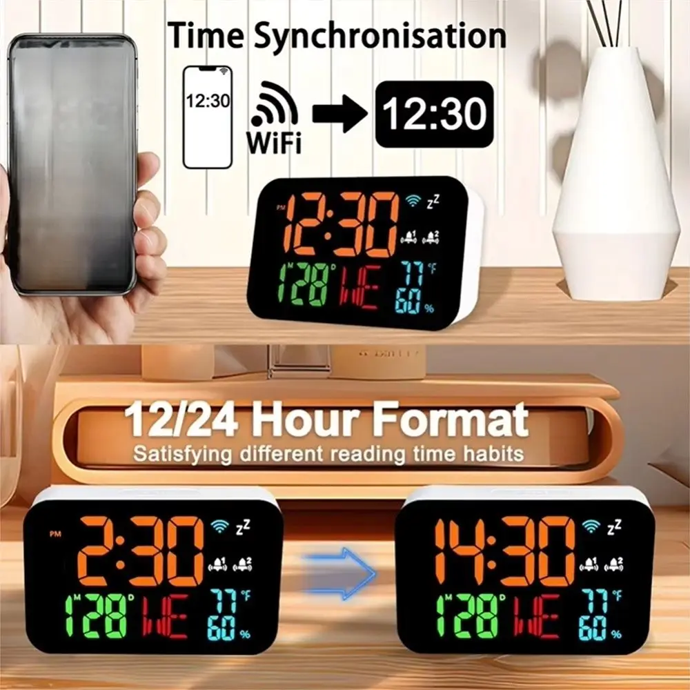 Jam Desktop ABS Jam Alarm Cerdas Kalender WiFi dengan Jam Tampilan LED Higrometer Termometer Digital
