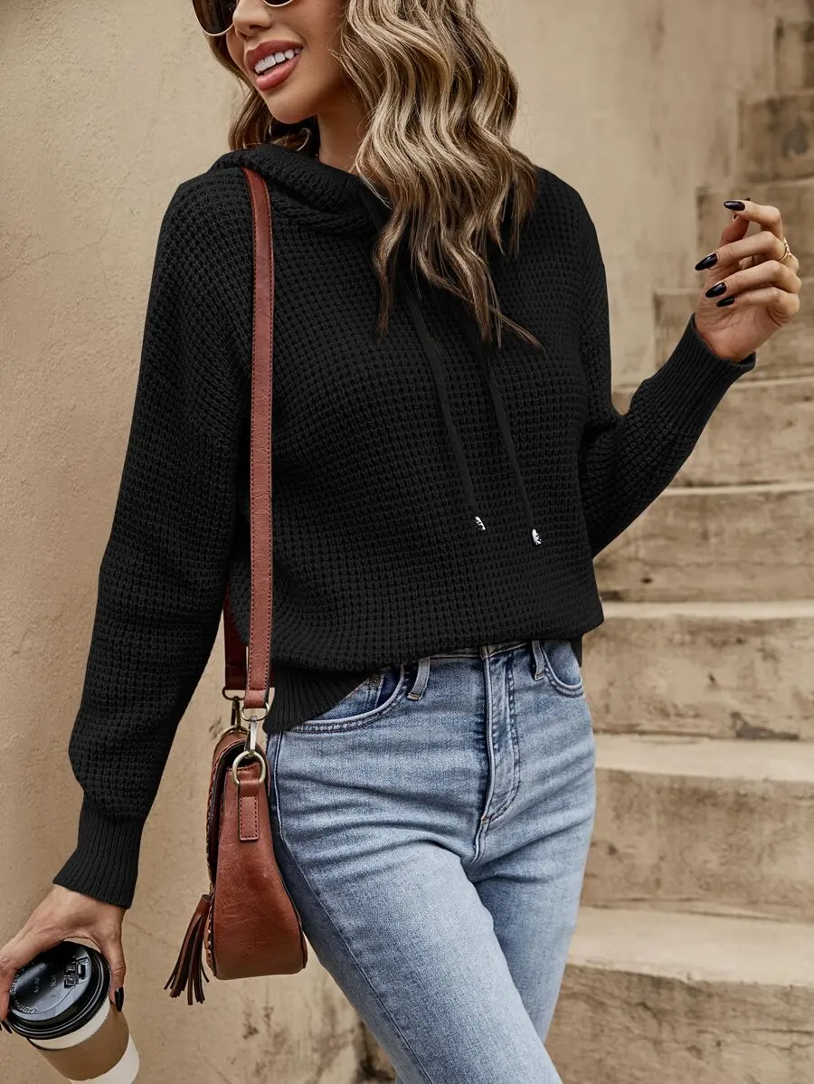 

Black Waffle Knit Drawstring Hooded Sweater with Drop Shoulder