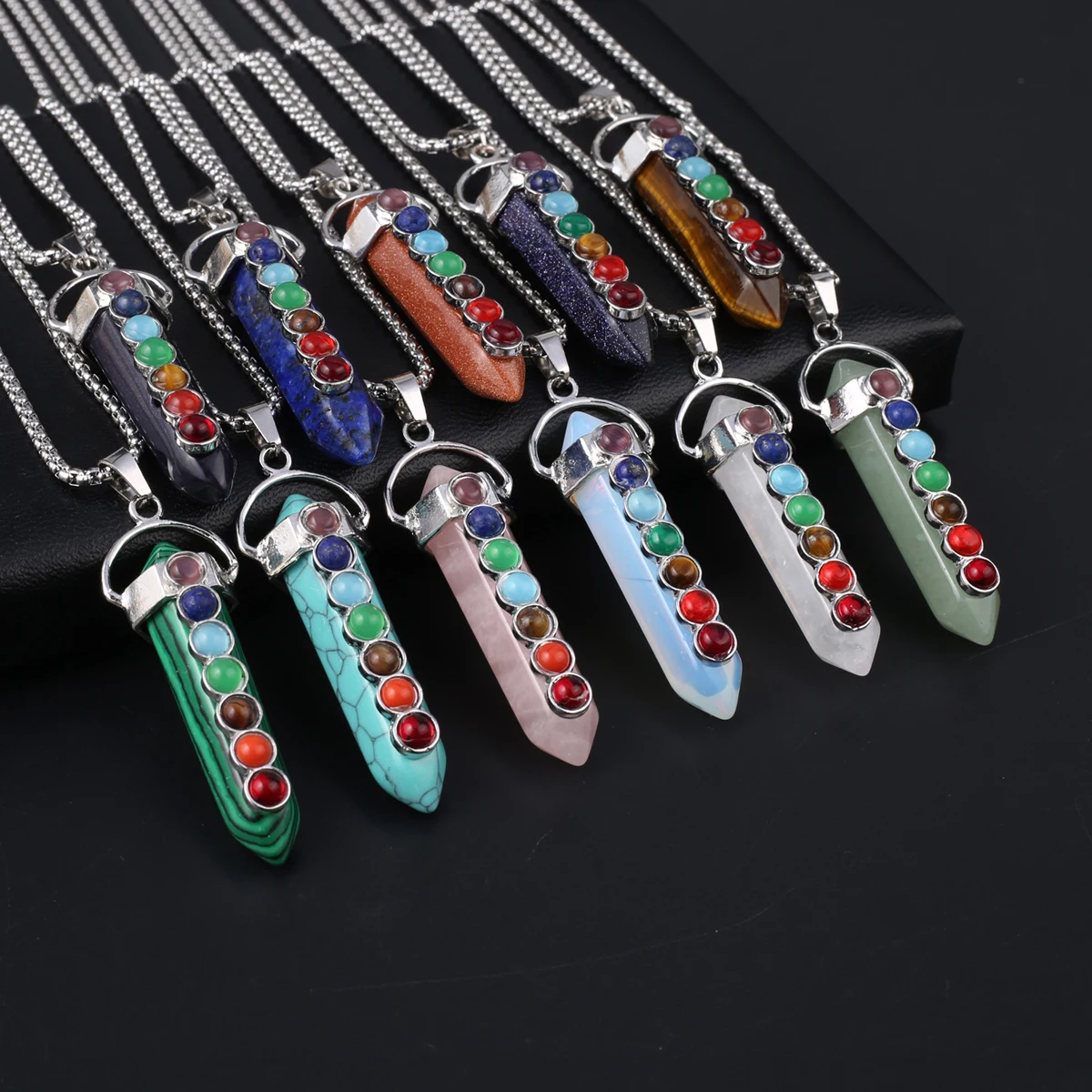 Hexagonal Pyramid Natural Stone Pendants Necklaces Rose Quartz Agate Opal Precious Stone Charms Chains Women Necklaces Fashion