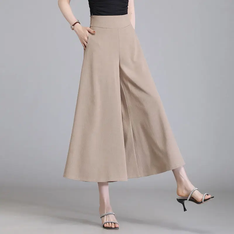 

Women's Fashion Loose Vintage Ladies Trousers Chic Wide Leg 2024 Spring Summer Elastic Waist Ankle-Length Casual Pants A66