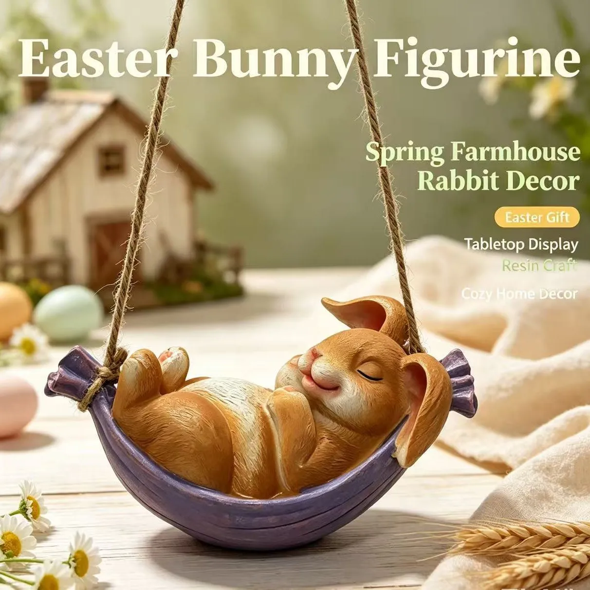 Rabbit Hammock Ornament Resin Easter Bunny Sleeping Hanging Decor for Door Tree Home Garden Spring Gift