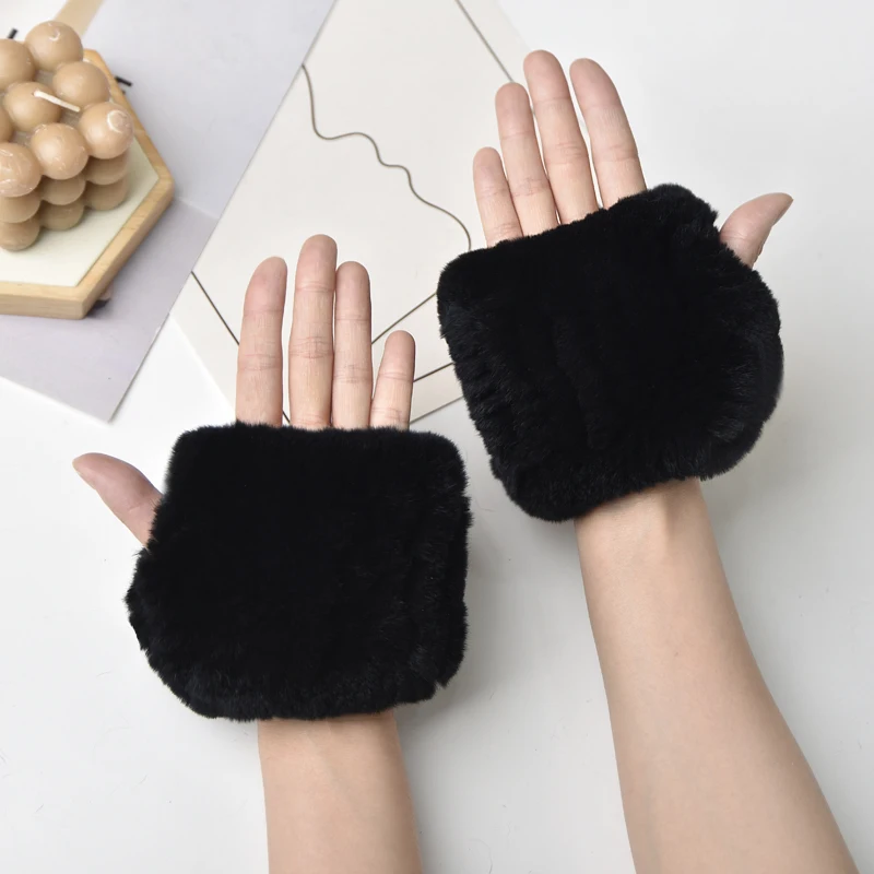 Women's Natural Rex Rabbit Fur Gloves Elastic Knitted Real Fur Mittens Winter Warm Wrist Guards with Exposed Fingers