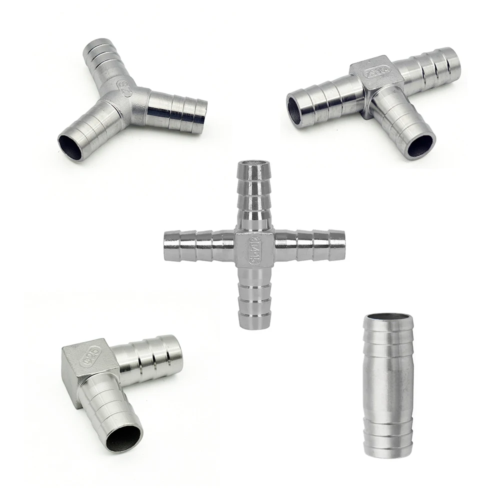 Water Gas Fuel Hose Barb Fitting 304 Stainless Steel Tee Elbow Y Cross Three Way Connector 6 8 10 12 14 15 16 19 20 25mm