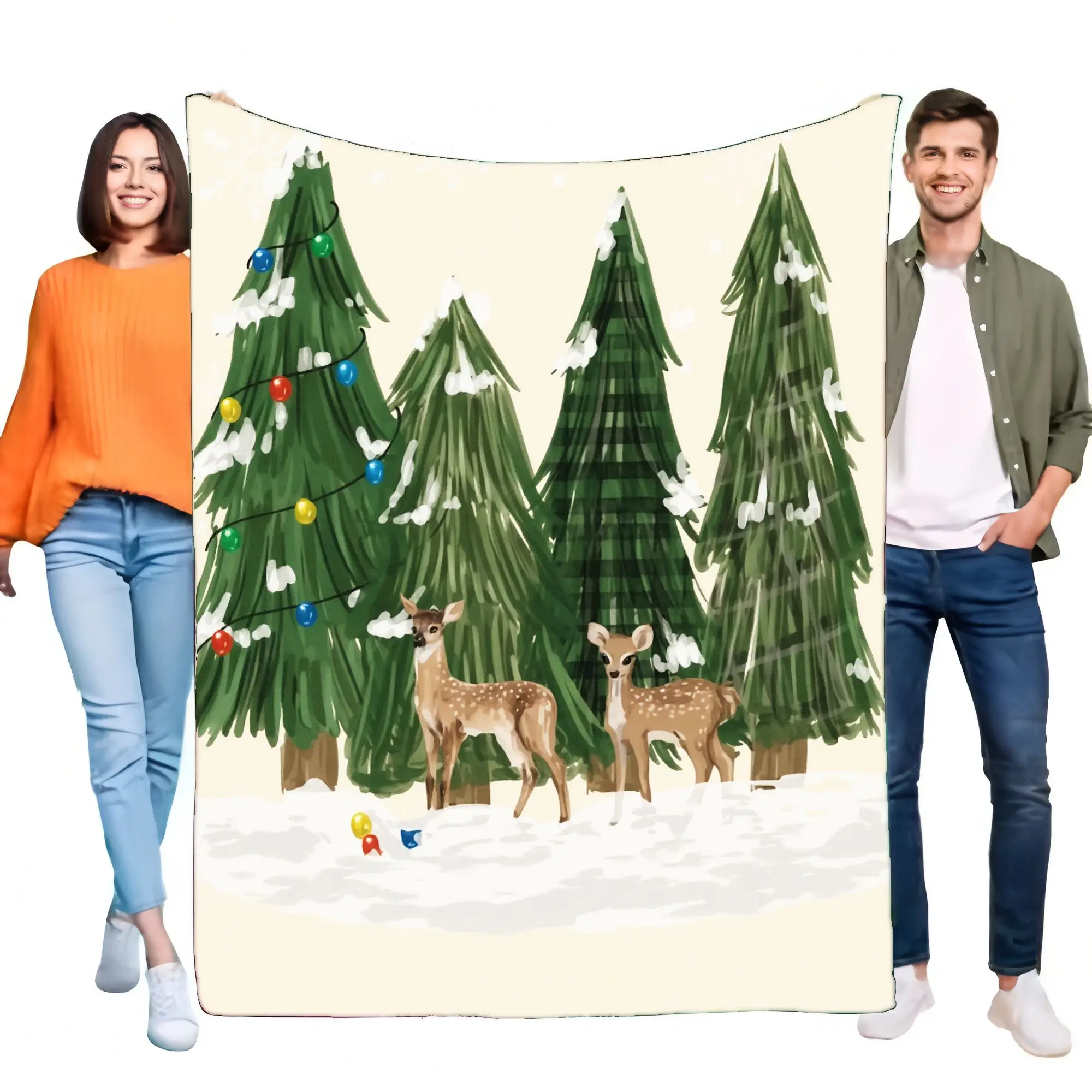 بطانية صوف شتوية مريحة بتصميم غزال وأشجار عيد الميلاد، رمي ناعم دافئ للسرير أو الأريكة، مثالية لديكور المنزل أو هولي